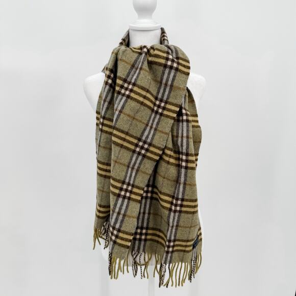 Burberry Scarf Lambswool Nova Check Plaid Green Beige Winter Authentic Fringe - Picture 2 of 6